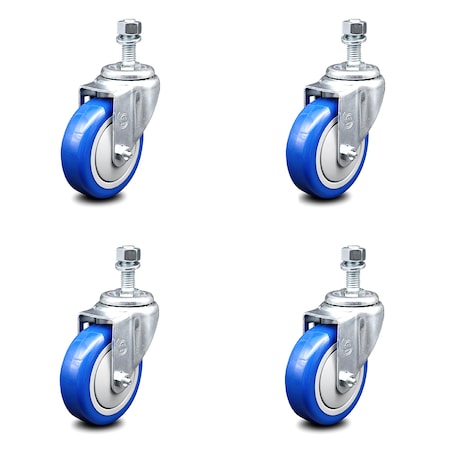 Service Caster 4 Inch Blue Polyurethane Wheel Swivel 12mm Threaded Stem Caster Set SCC SCC-TS20S414-PPUB-BLUE-M1215-4